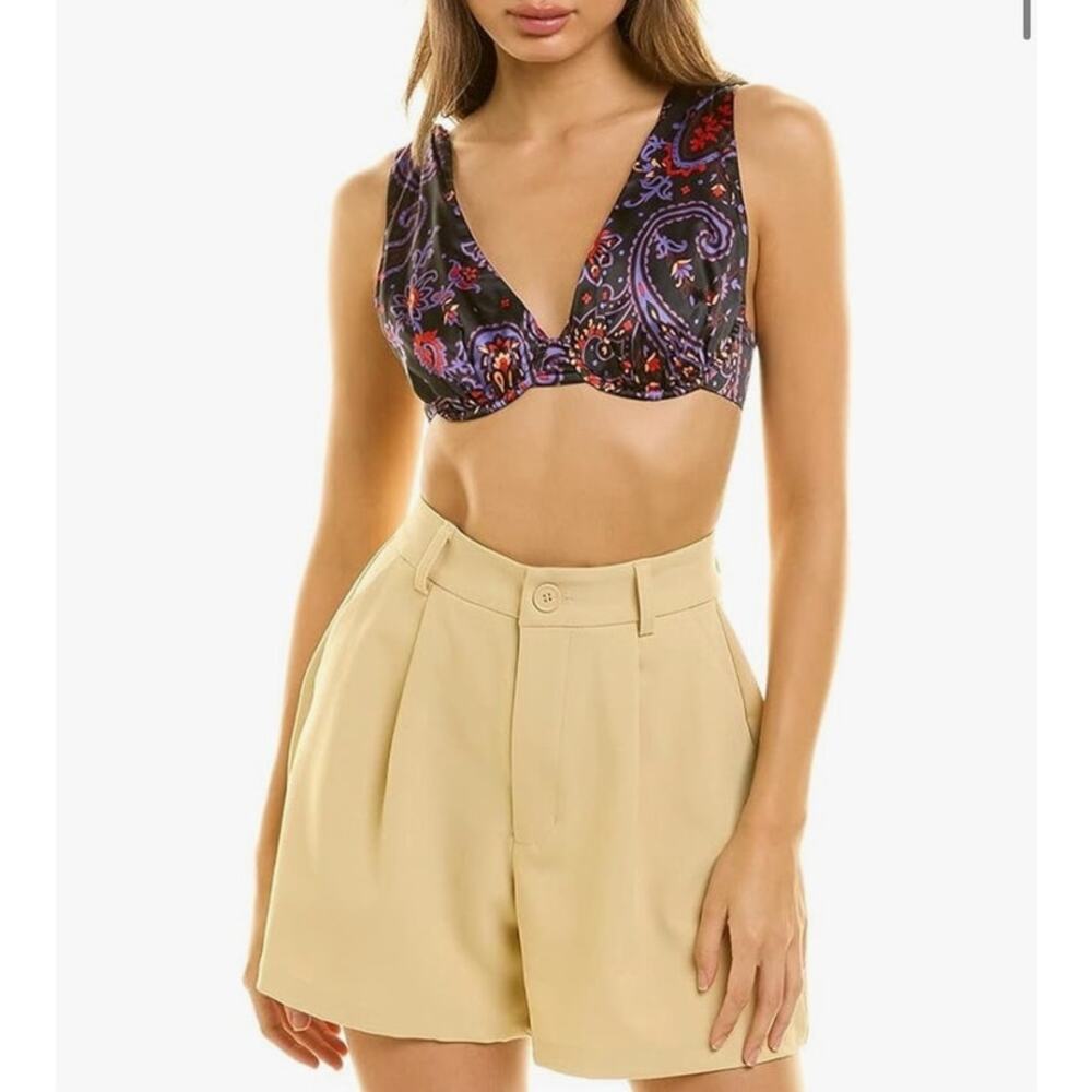 NWT We Wore What Black Paisley Satin Underwire V-Neck Bralette Top Womens Large
